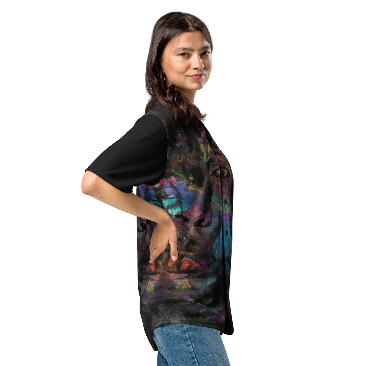 Colorful abstract design on Chromatic Dreams recycled unisex baseball jersey, comfort and UPF 50+ sun protection. By Hipyfi. Right-front-2