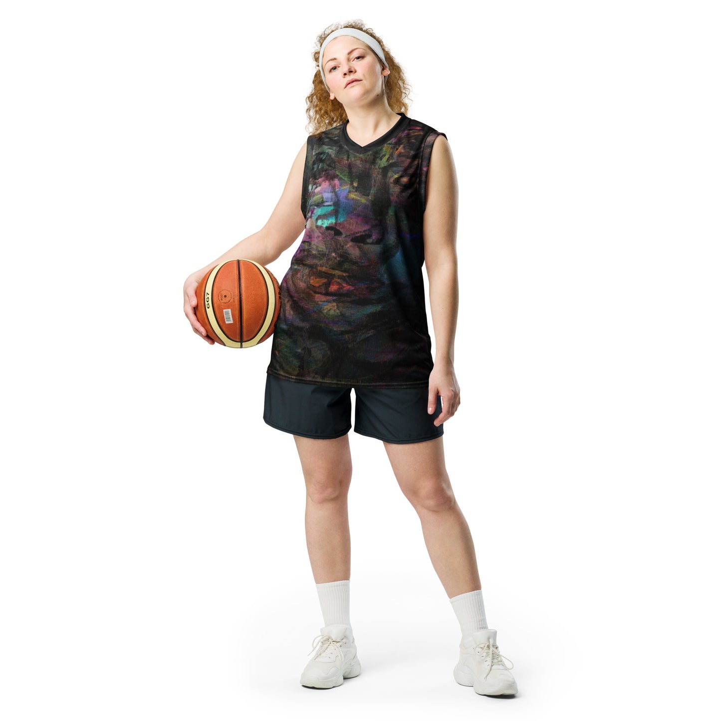 Chromatic Dreams Recycled Unisex Basketball Jersey by Hipyfi – Colorful art print, eco-friendly sportswear, made from 100% recycled polyester. front-3