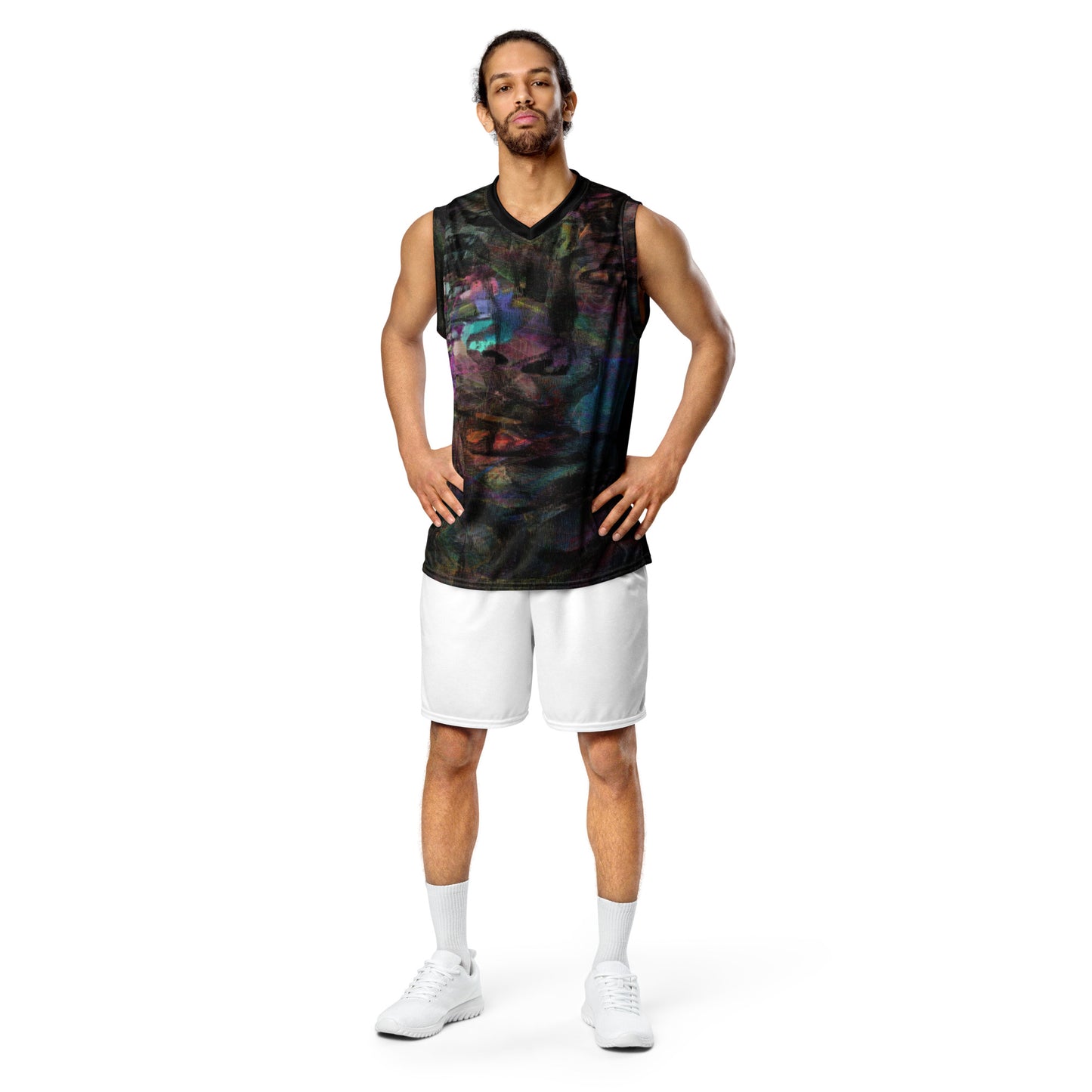 Chromatic Dreams Recycled Unisex Basketball Jersey by Hipyfi – Colorful art print, eco-friendly sportswear, made from 100% recycled polyester. front-4