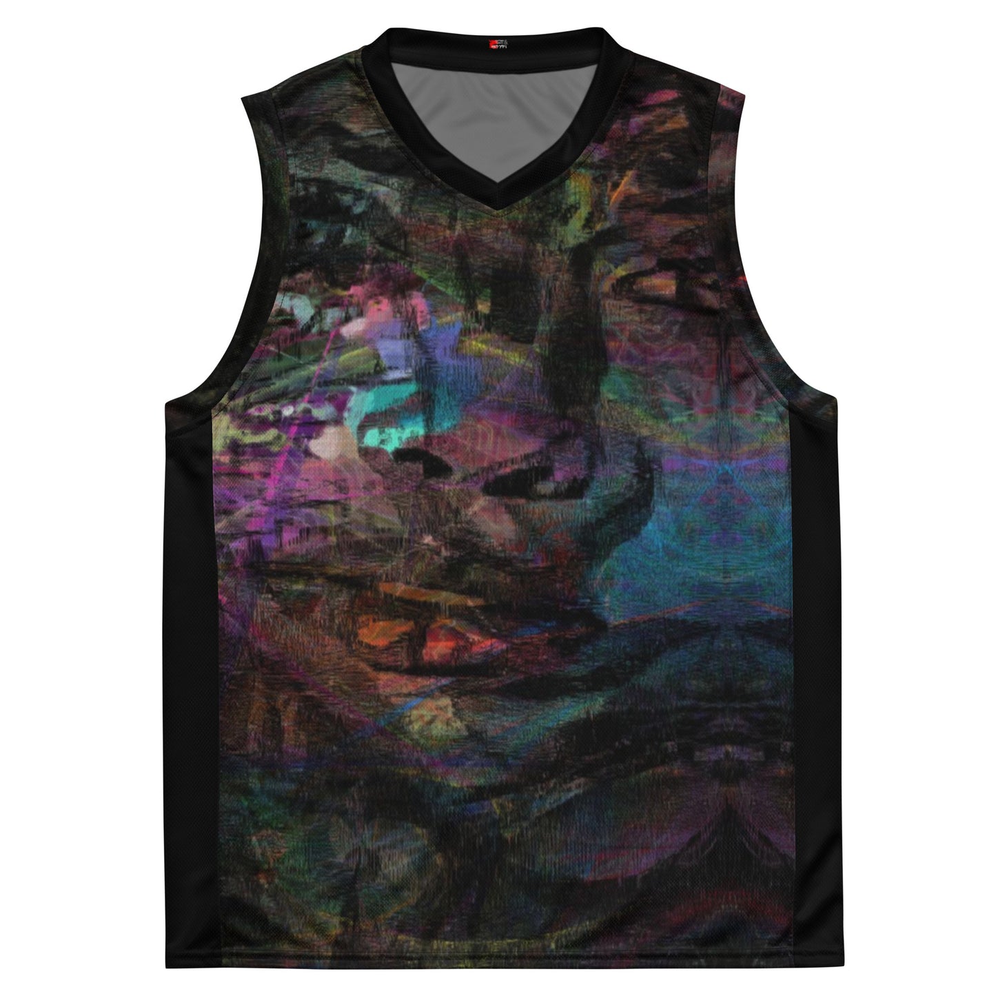 Chromatic Dreams Recycled Unisex Basketball Jersey by Hipyfi – Colorful art print, eco-friendly sportswear, made from 100% recycled polyester. front-6