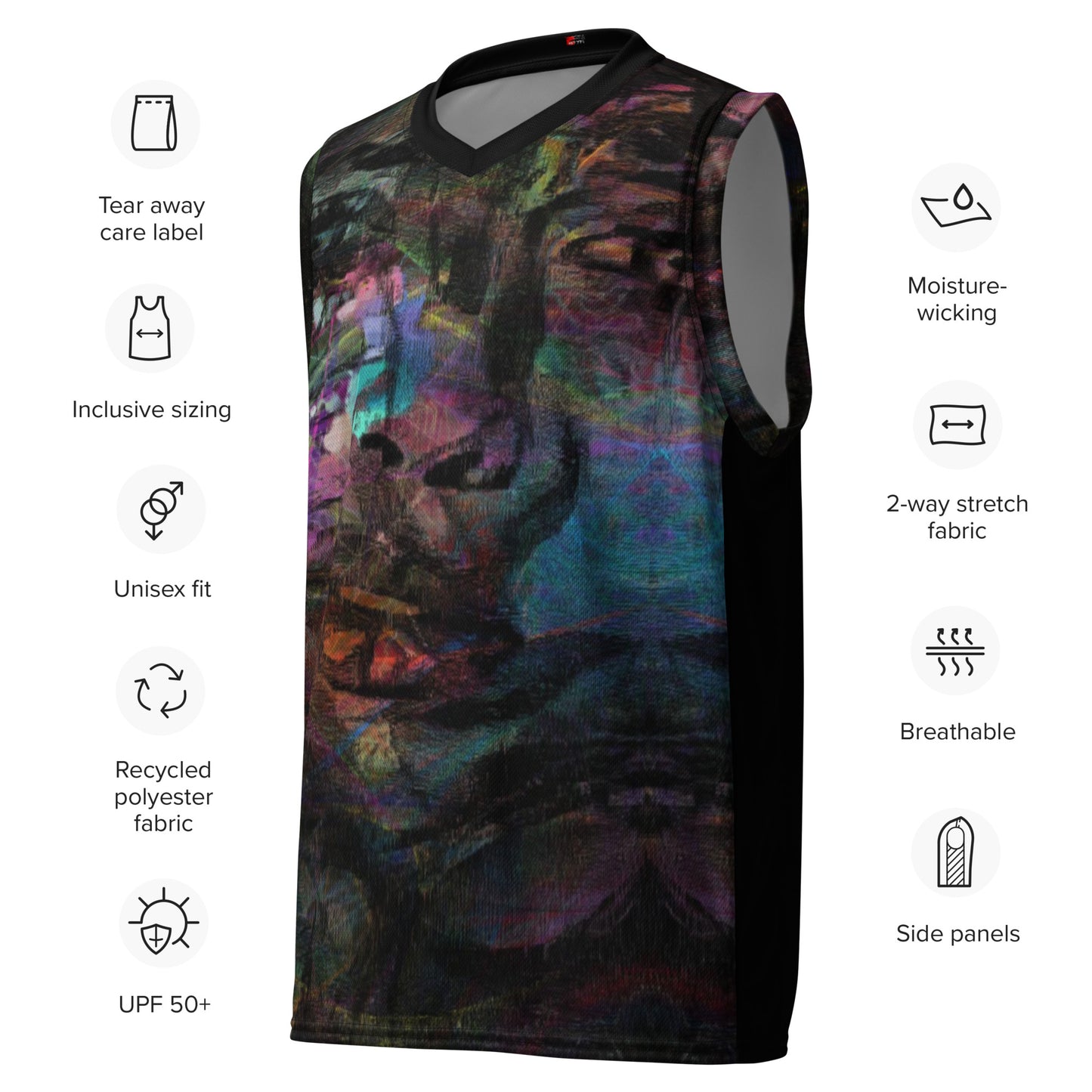 Chromatic Dreams Recycled Unisex Basketball Jersey by Hipyfi – Colorful art print, eco-friendly sportswear, made from 100% recycled polyester. Product-info