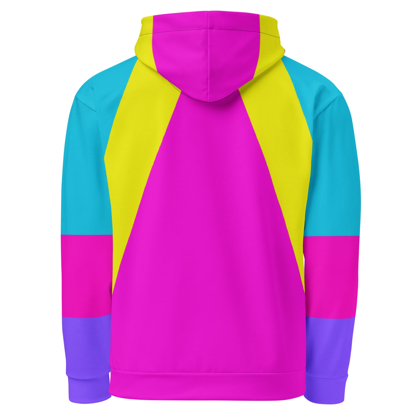 Recycled unisex hoodie with bold geometric pop-art pattern in magenta, cyan, and yellow – eco-friendly streetwear by Hipyfi. back-3
