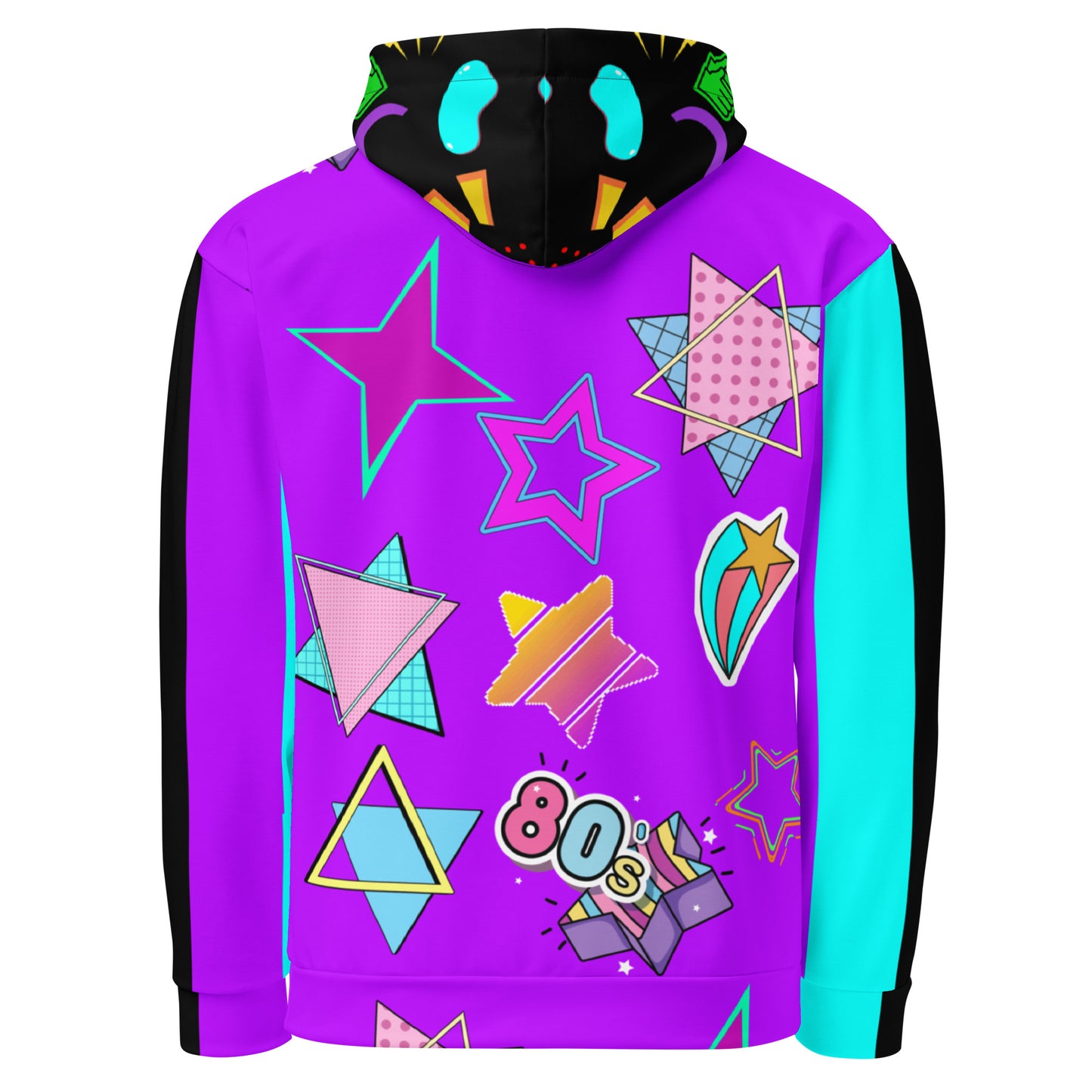 Hipyfi Recycled Unisex Hoodie – 80s Memphis Graphic Design with vibrant retro colors, bold geometric patterns, and a cozy brushed fleece interior, eco-friendly and stylish streetwear. back-4