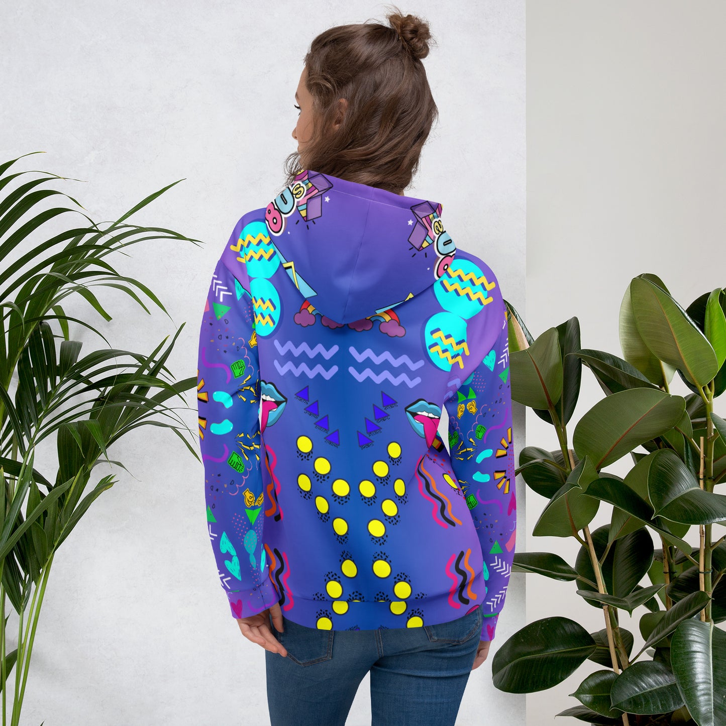 Unisex recycled pop art hoodie with retro 80s graphic design and vibrant neon colors by Hipyfi Clothes & Design. back-4