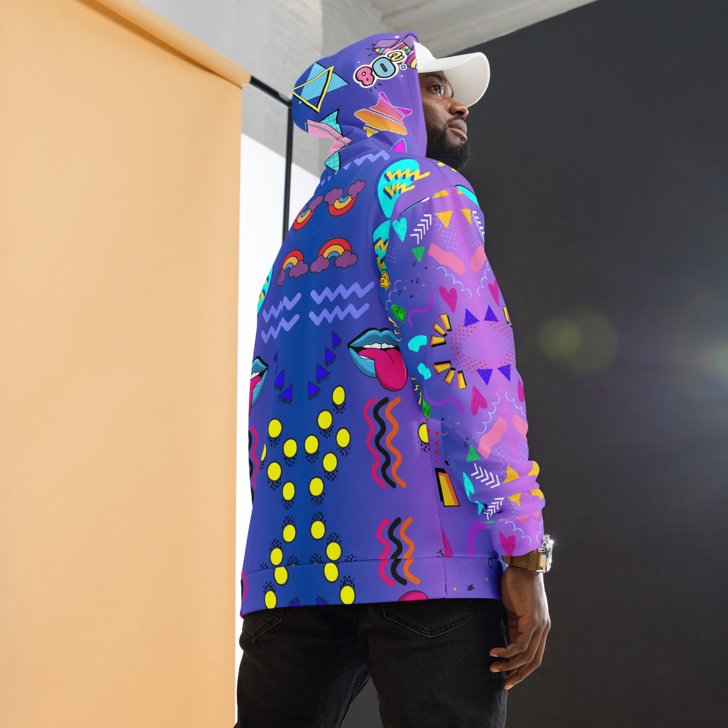 Unisex recycled pop art hoodie with retro 80s graphic design and vibrant neon colors by Hipyfi Clothes & Design. back-5