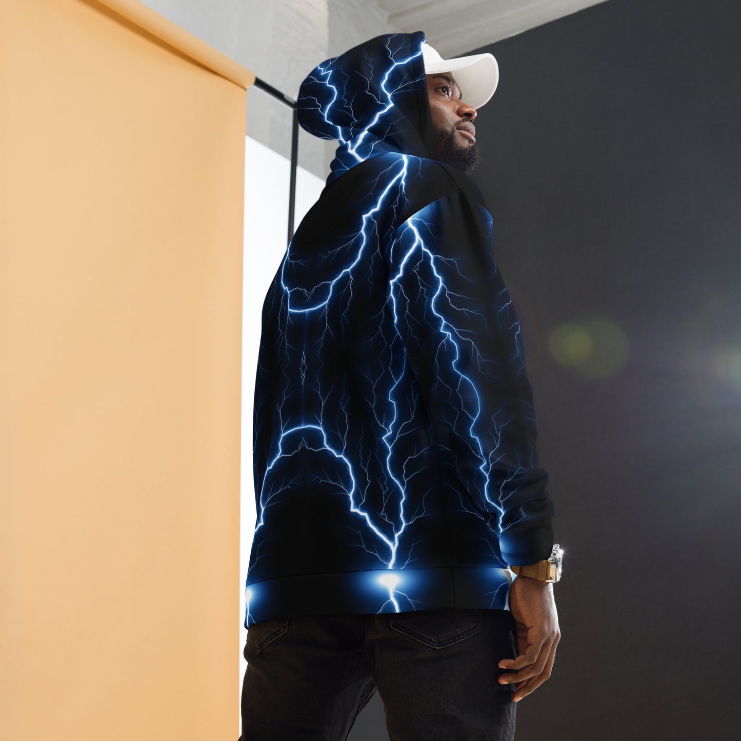 Electric blue lightning bolt recycled unisex hoodie with glowing graphic – Hipyfi Clothes & Design. back-5