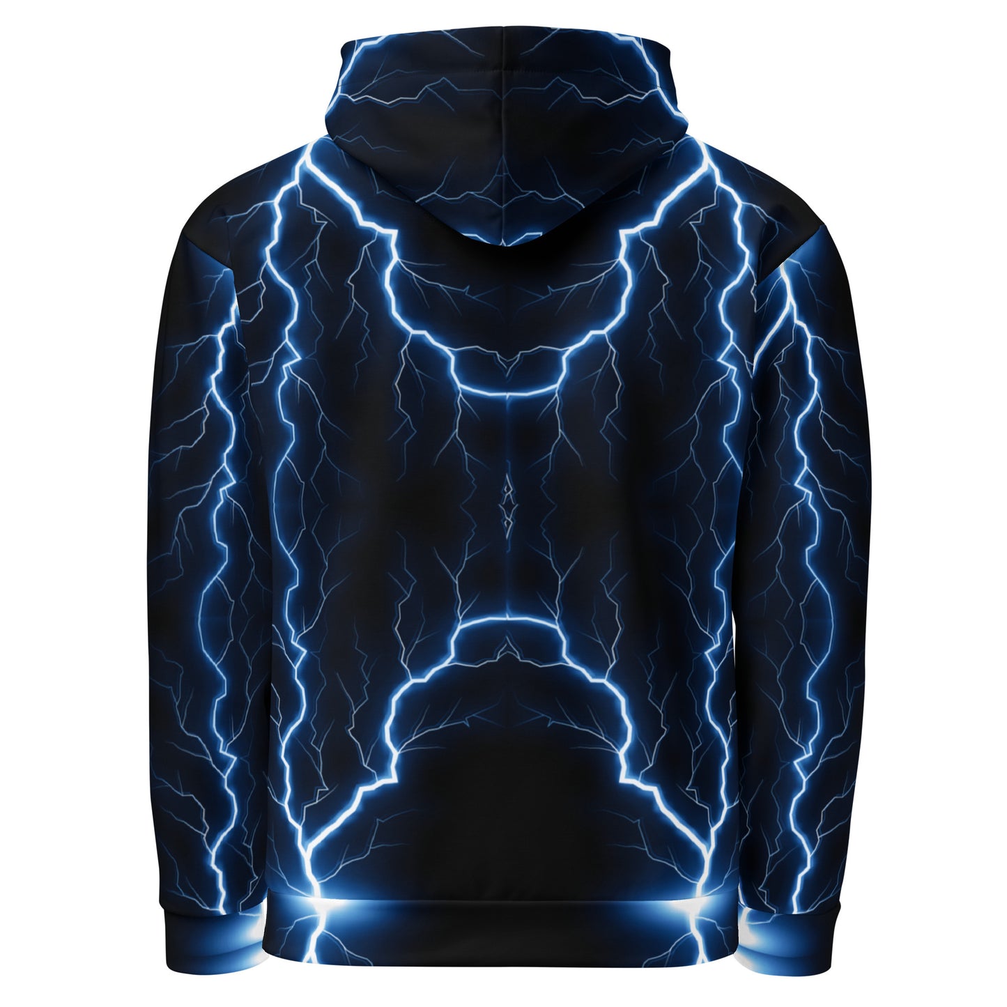Electric blue lightning bolt recycled unisex hoodie with glowing graphic – Hipyfi Clothes & Design. back-6