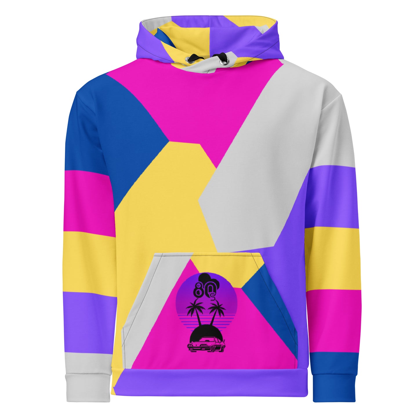 RetroVibe recycled unisex hoodie with 80s geometric pop art design and vibrant vaporwave colors by Hipyfi Clothes & Design. front-3
