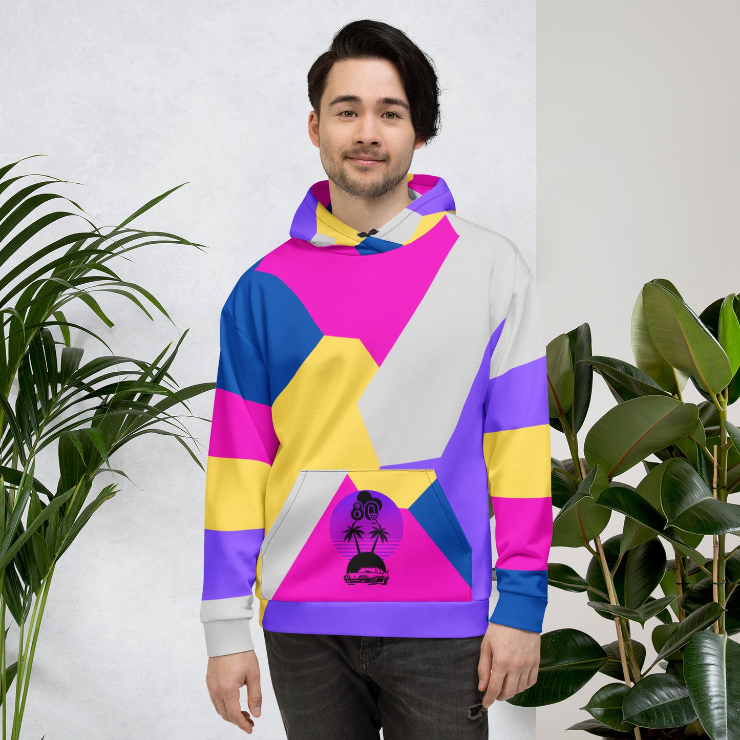 RetroVibe recycled unisex hoodie with 80s geometric pop art design and vibrant vaporwave colors by Hipyfi Clothes & Design. front-2