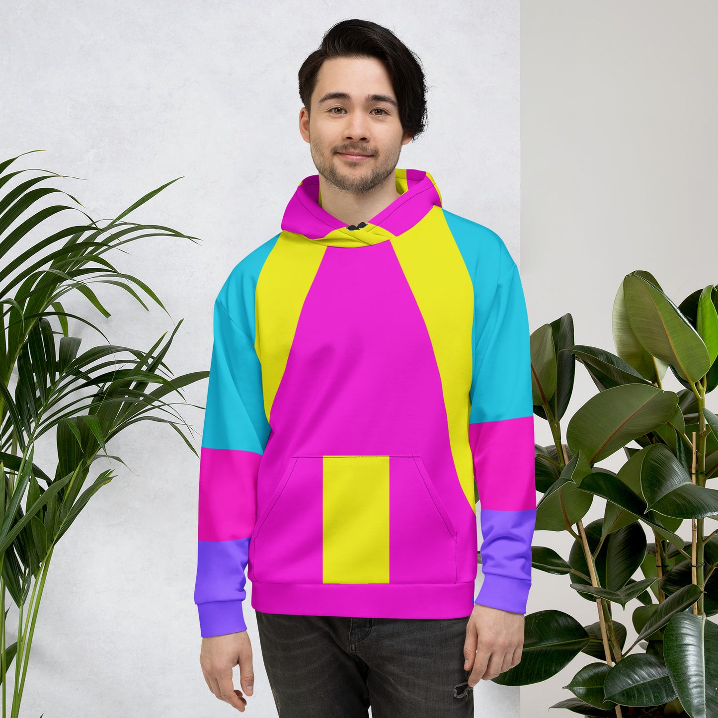 Recycled unisex hoodie with bold geometric pop-art pattern in magenta, cyan, and yellow – eco-friendly streetwear by Hipyfi. front-2