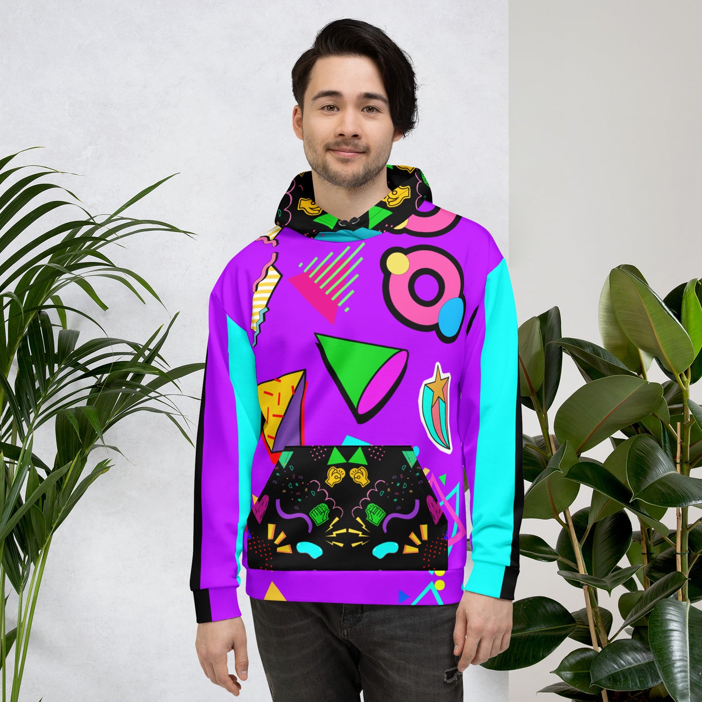Hipyfi Recycled Unisex Hoodie – 80s Memphis Graphic Design with vibrant retro colors, bold geometric patterns, and a cozy brushed fleece interior, eco-friendly and stylish streetwear. front-2