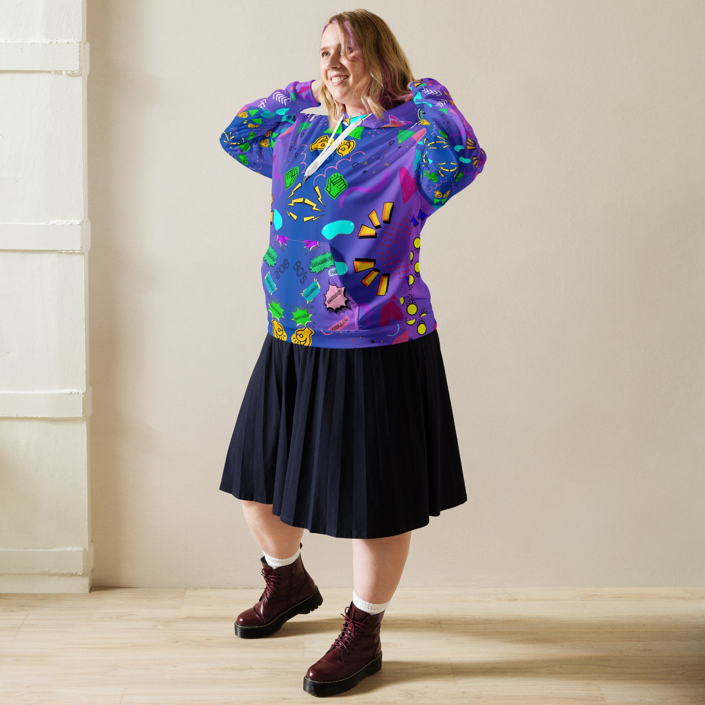 Unisex recycled pop art hoodie with retro 80s graphic design and vibrant neon colors by Hipyfi Clothes & Design. front-3