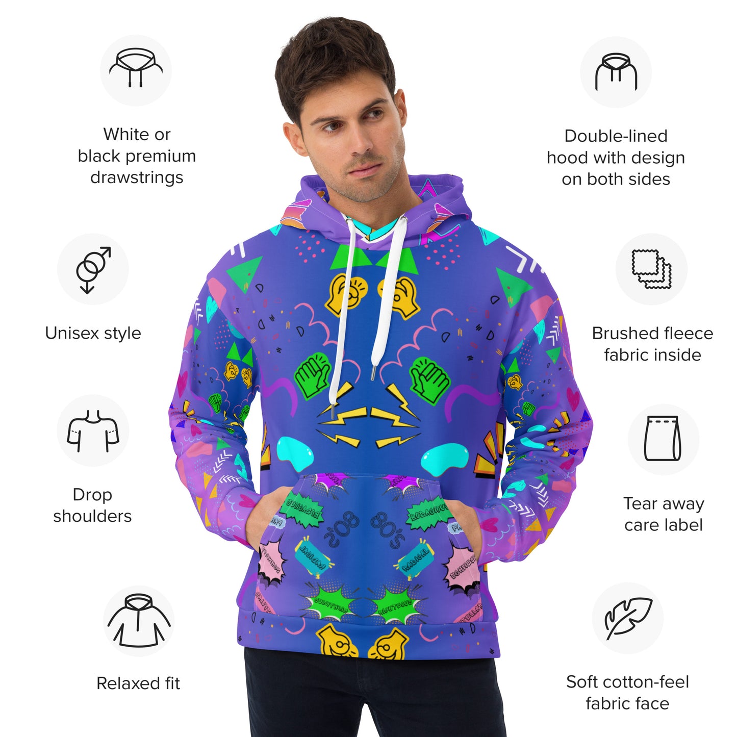 Unisex recycled pop art hoodie with retro 80s graphic design and vibrant neon colors by Hipyfi Clothes & Design. Product-info