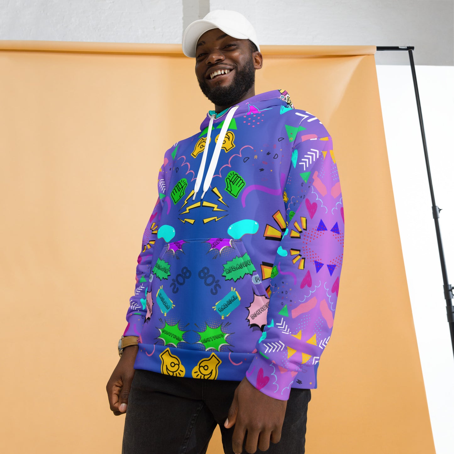 Unisex recycled pop art hoodie with retro 80s graphic design and vibrant neon colors by Hipyfi Clothes & Design. front-5