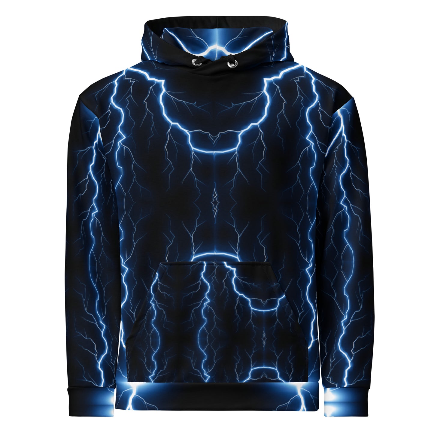 Electric blue lightning bolt recycled unisex hoodie with glowing graphic – Hipyfi Clothes & Design. front-6