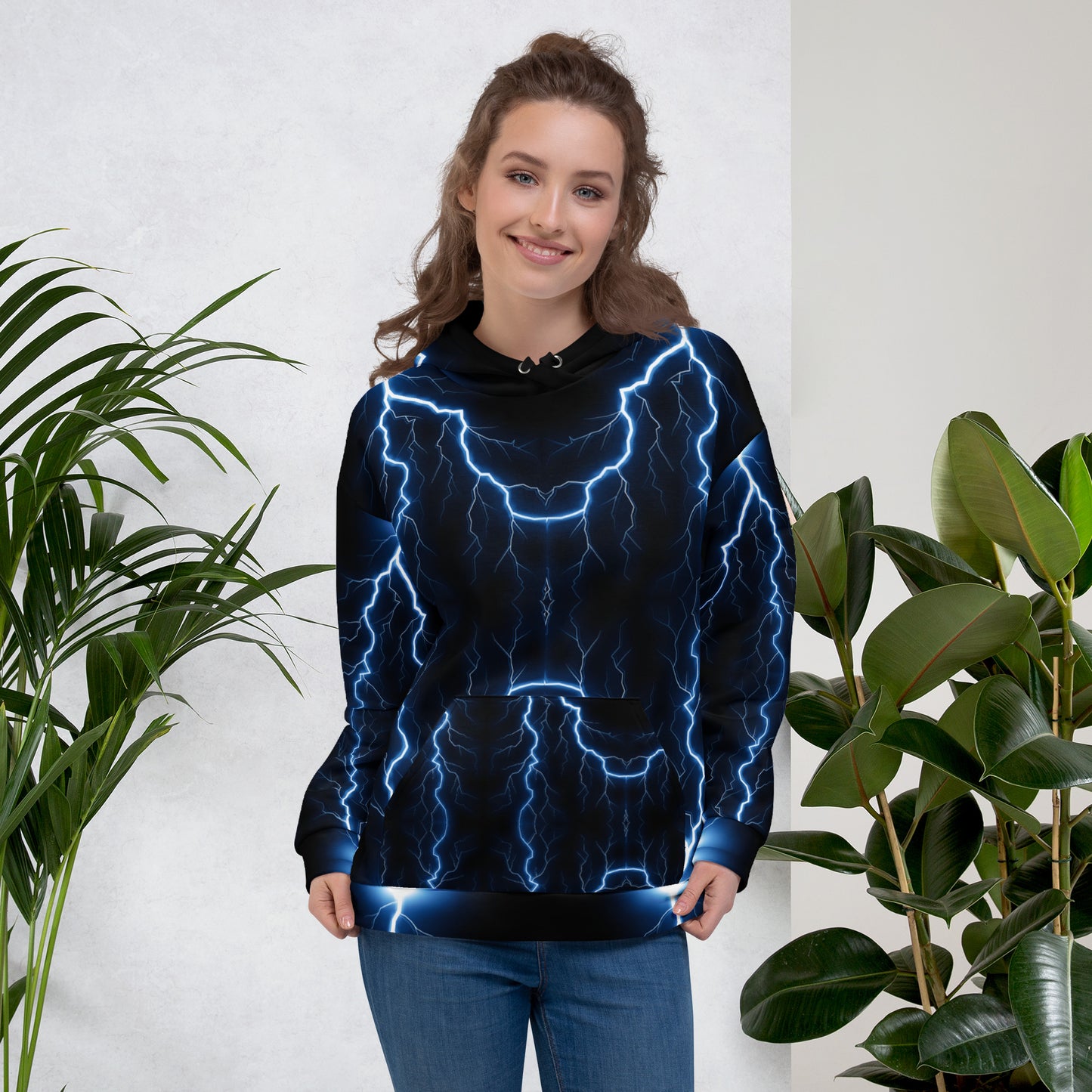 Electric blue lightning bolt recycled unisex hoodie with glowing graphic – Hipyfi Clothes & Design. front-4