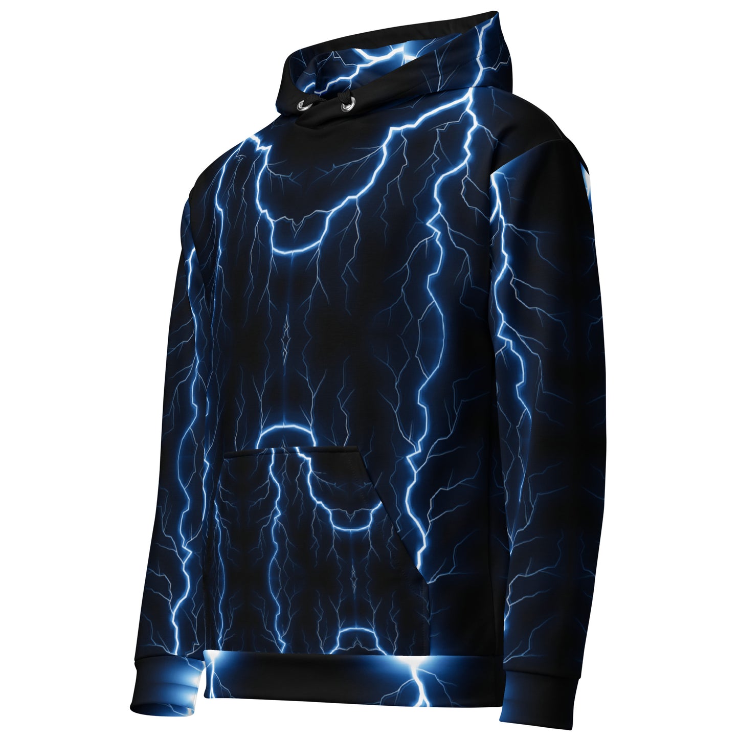 Electric blue lightning bolt recycled unisex hoodie with glowing graphic – Hipyfi Clothes & Design. left-front-6