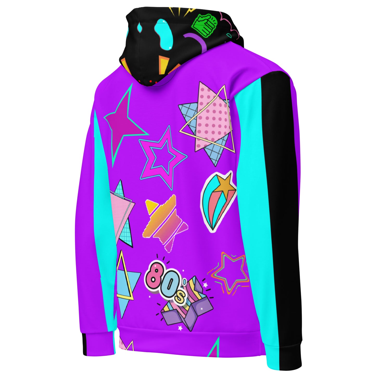 Hipyfi Recycled Unisex Hoodie – 80s Memphis Graphic Design with vibrant retro colors, bold geometric patterns, and a cozy brushed fleece interior, eco-friendly and stylish streetwear. right-back-4