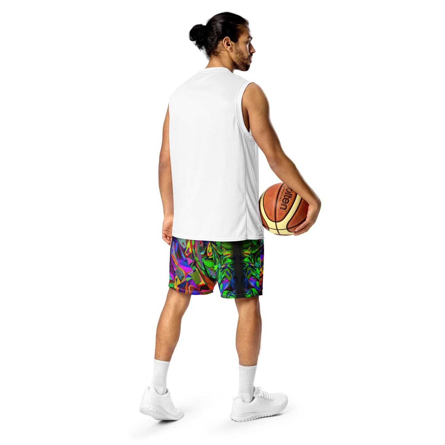 Neon Chaos Unisex Mesh Shorts – Eco-friendly athletic fit with vibrant abstract and modern streetwear design by Hipyfi Clothes & Design. Back