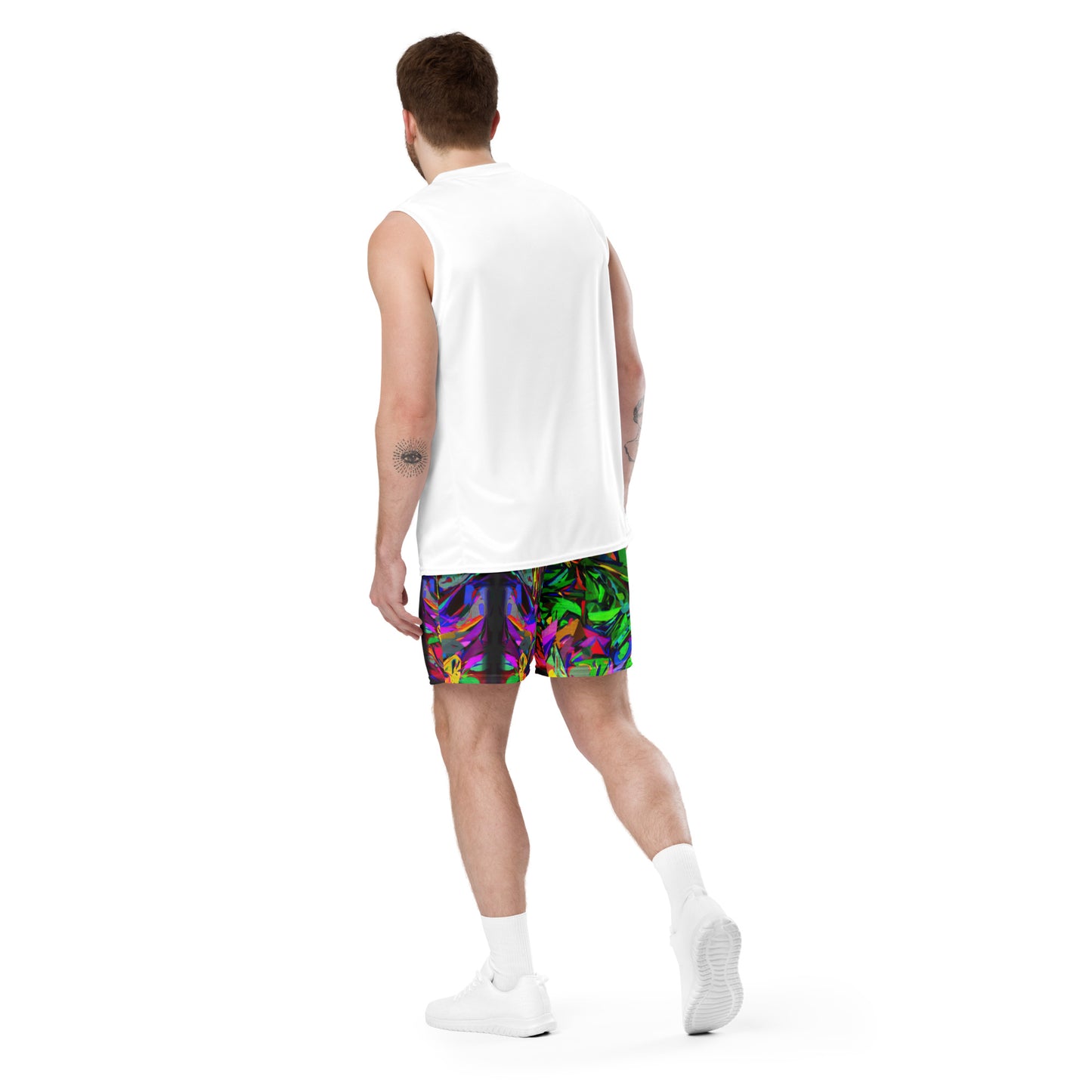 Neon Chaos Unisex Mesh Shorts – Eco-friendly athletic fit with vibrant abstract and modern streetwear design by Hipyfi Clothes & Design. Back-3