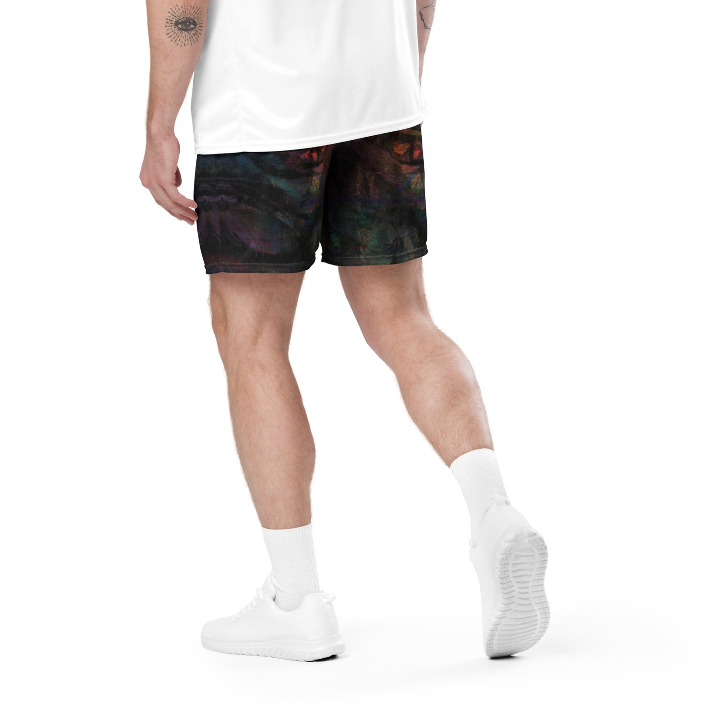 Chromatic Dreams unisex mesh shorts with vibrant abstract print, made from recycled fabric by Hipyfi Clothes & Design. Back-3
