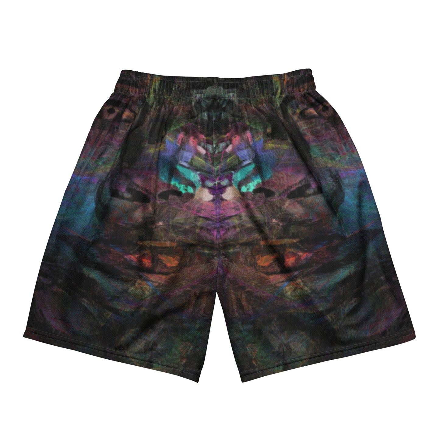 Chromatic Dreams unisex mesh shorts with vibrant abstract print, made from recycled fabric by Hipyfi Clothes & Design. Back-5