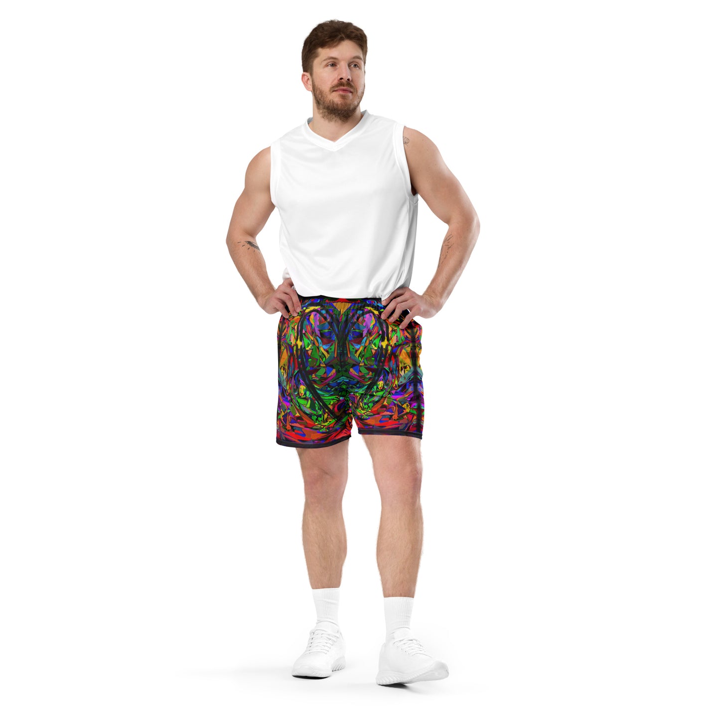 Neon Chaos Unisex Mesh Shorts – Eco-friendly athletic fit with vibrant abstract and modern streetwear design by Hipyfi Clothes & Design. Front