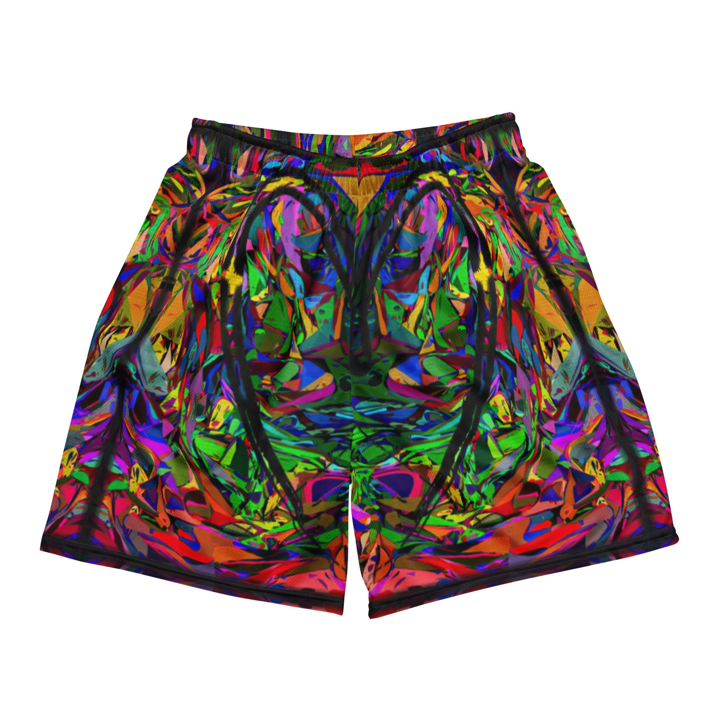Neon Chaos Unisex Mesh Shorts – Eco-friendly athletic fit with vibrant abstract and modern streetwear design by Hipyfi Clothes & Design. Front-5