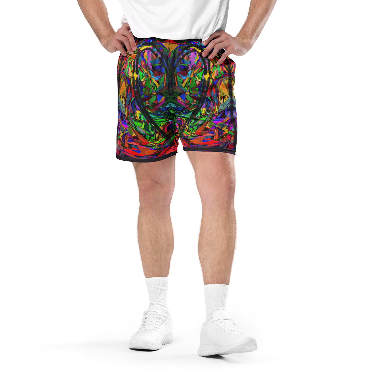 Neon Chaos Unisex Mesh Shorts – Eco-friendly athletic fit with vibrant abstract and modern streetwear design by Hipyfi Clothes & Design. Front-4