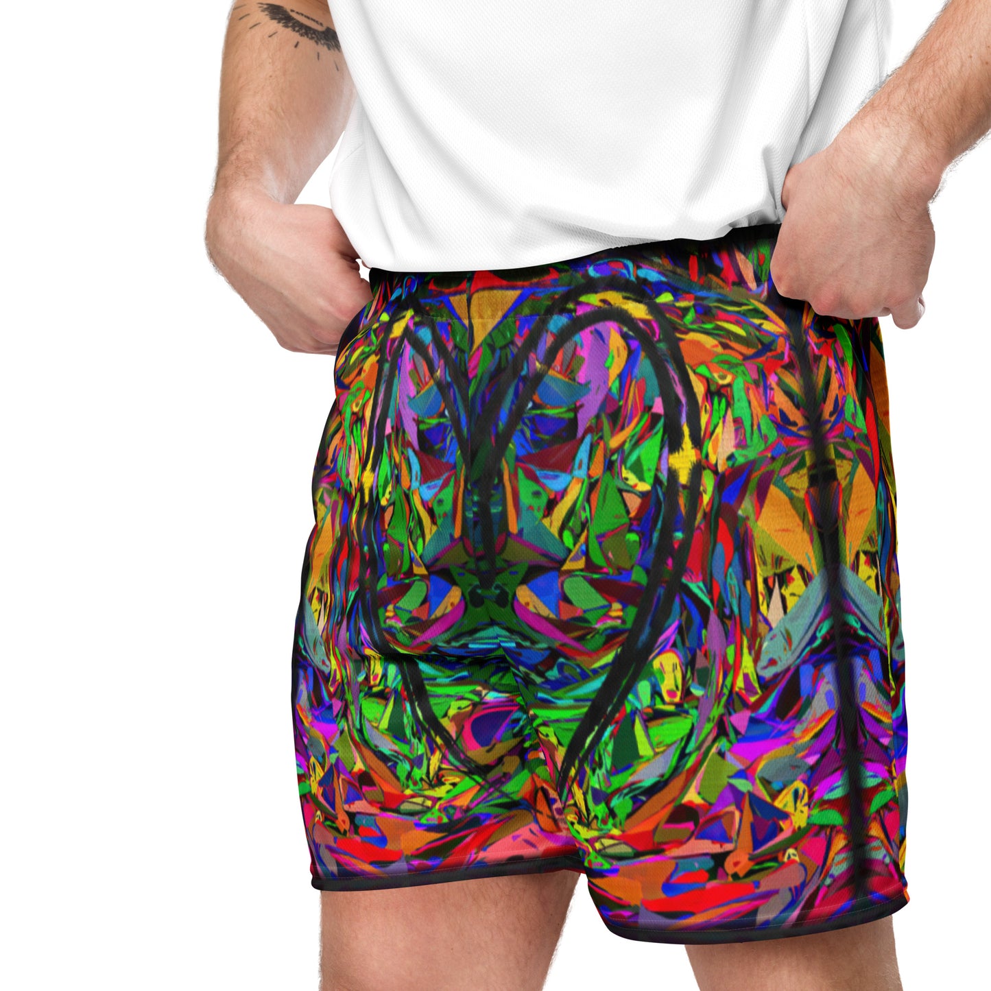 Neon Chaos Unisex Mesh Shorts – Eco-friendly athletic fit with vibrant abstract and modern streetwear design by Hipyfi Clothes & Design. Left-front