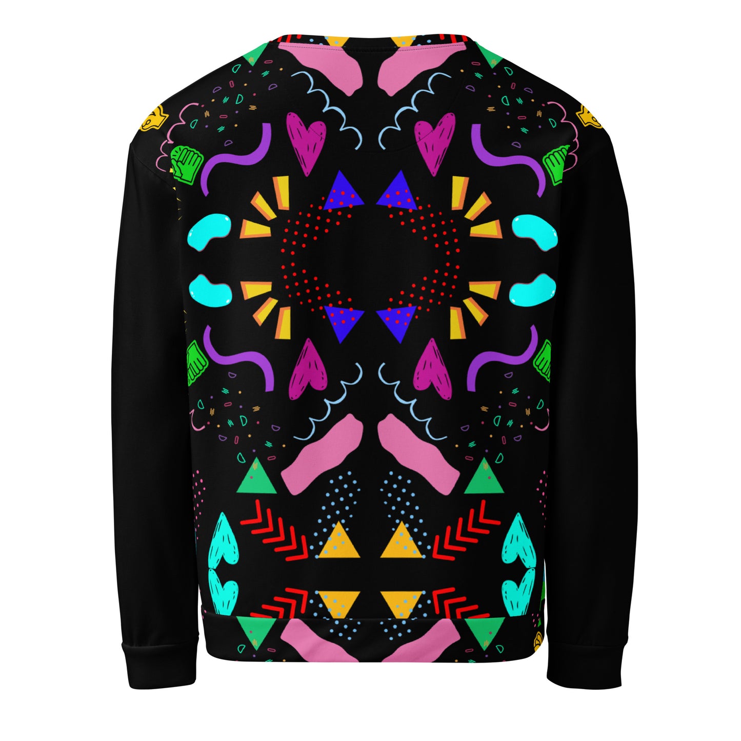 Colorful 80s-inspired recycled unisex sweatshirt with Memphis abstract pattern by Hipyfi Clothes & Design. back-7