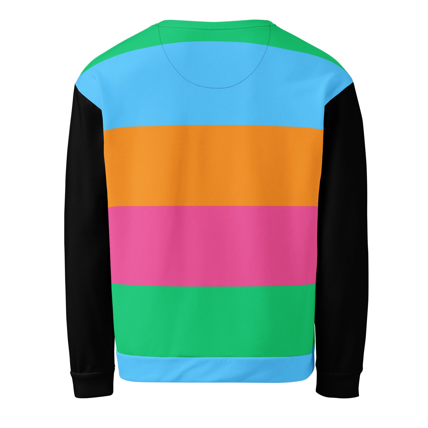Hipyfi Eco Stripe Recycled Unisex Sweatshirt with bold color block design in sky blue, orange, hot pink, and emerald green, featuring black sleeves and sustainable fabric. back-7