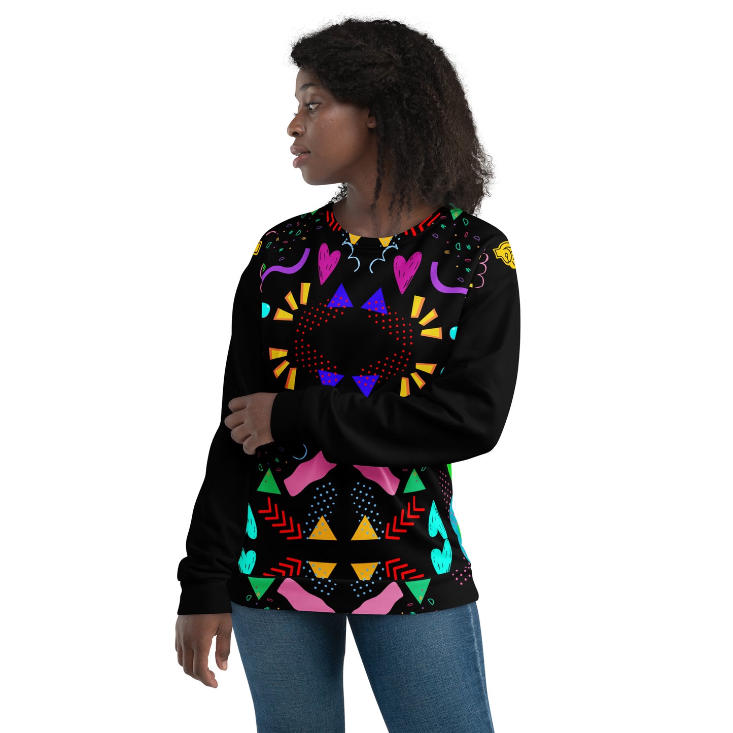 Colorful 80s-inspired recycled unisex sweatshirt with Memphis abstract pattern by Hipyfi Clothes & Design. front-6