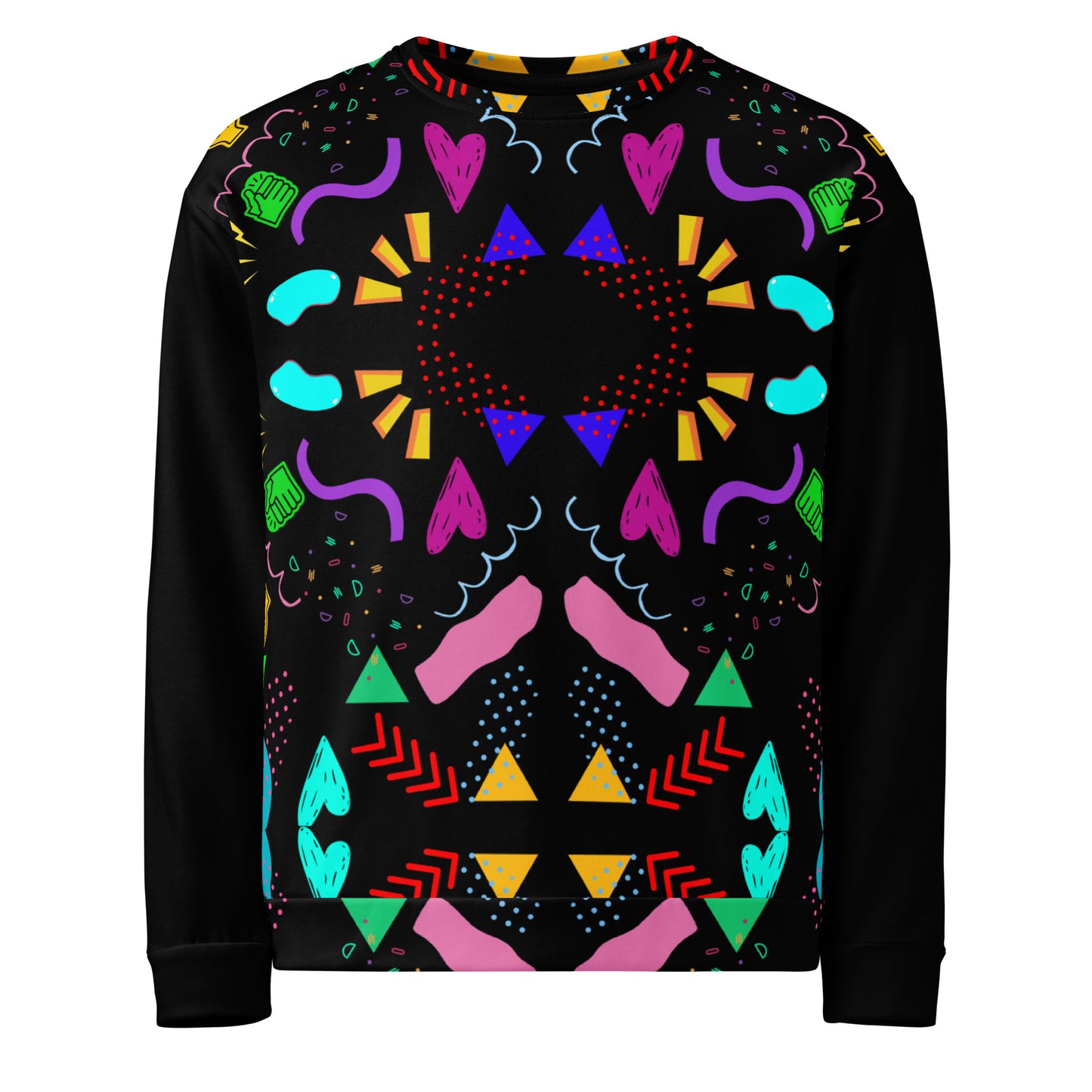 Colorful 80s-inspired recycled unisex sweatshirt with Memphis abstract pattern by Hipyfi Clothes & Design. front-7