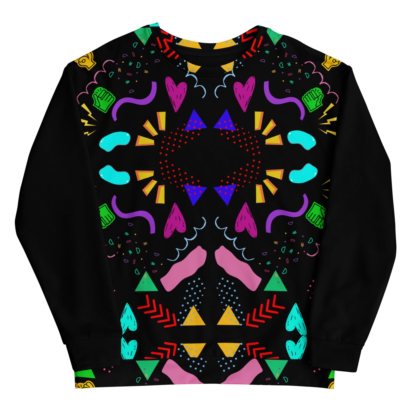 Colorful 80s-inspired recycled unisex sweatshirt with Memphis abstract pattern by Hipyfi Clothes & Design. front-8