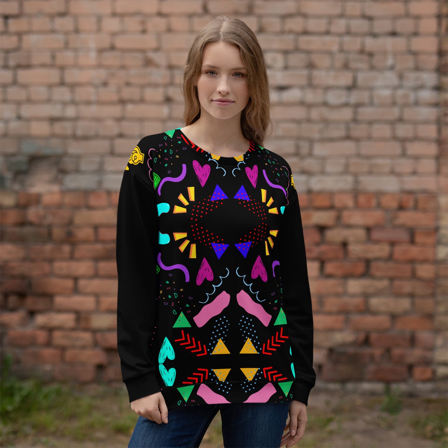 Colorful 80s-inspired recycled unisex sweatshirt with Memphis abstract pattern by Hipyfi Clothes & Design. front-2