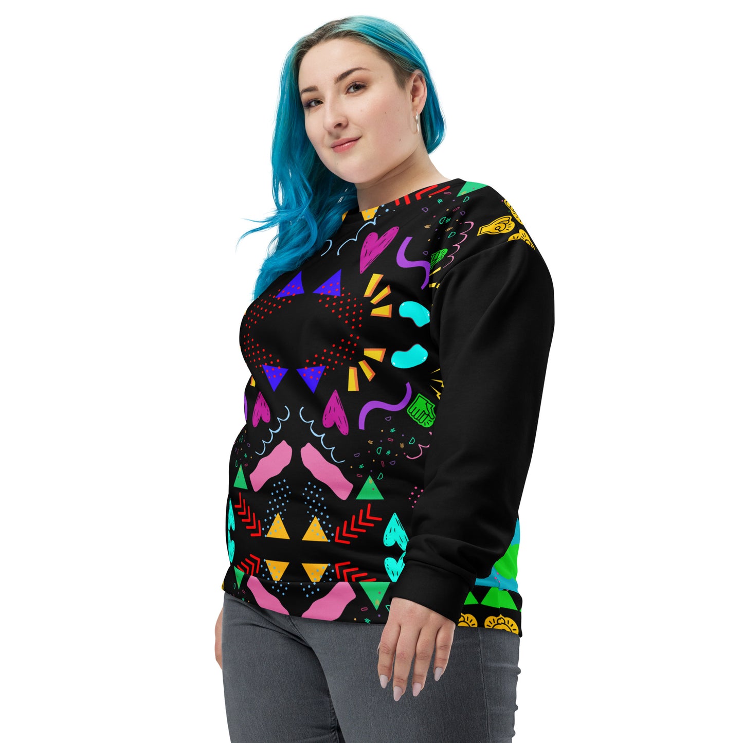 Colorful 80s-inspired recycled unisex sweatshirt with Memphis abstract pattern by Hipyfi Clothes & Design. left-front