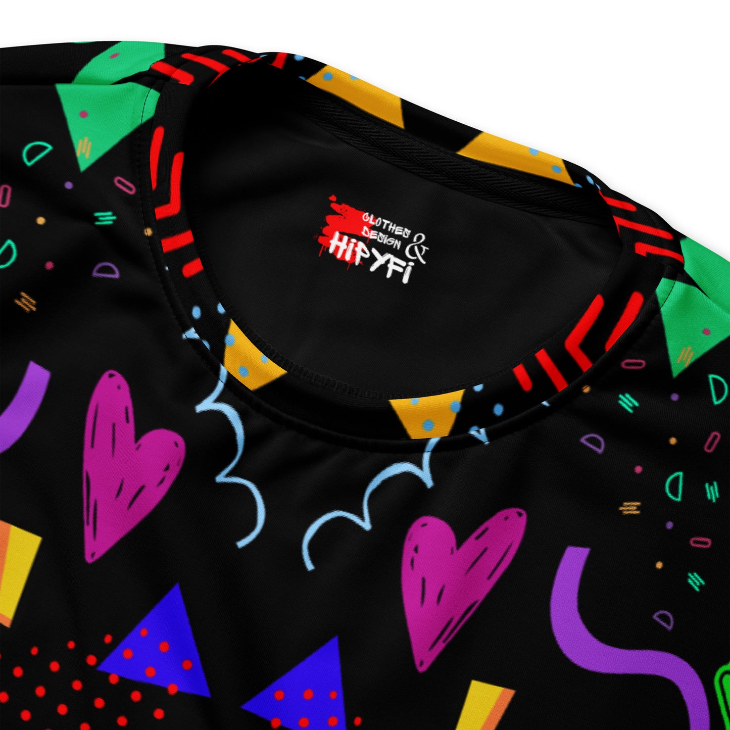 Colorful 80s-inspired recycled unisex sweatshirt with Memphis abstract pattern by Hipyfi Clothes & Design. product-details-2