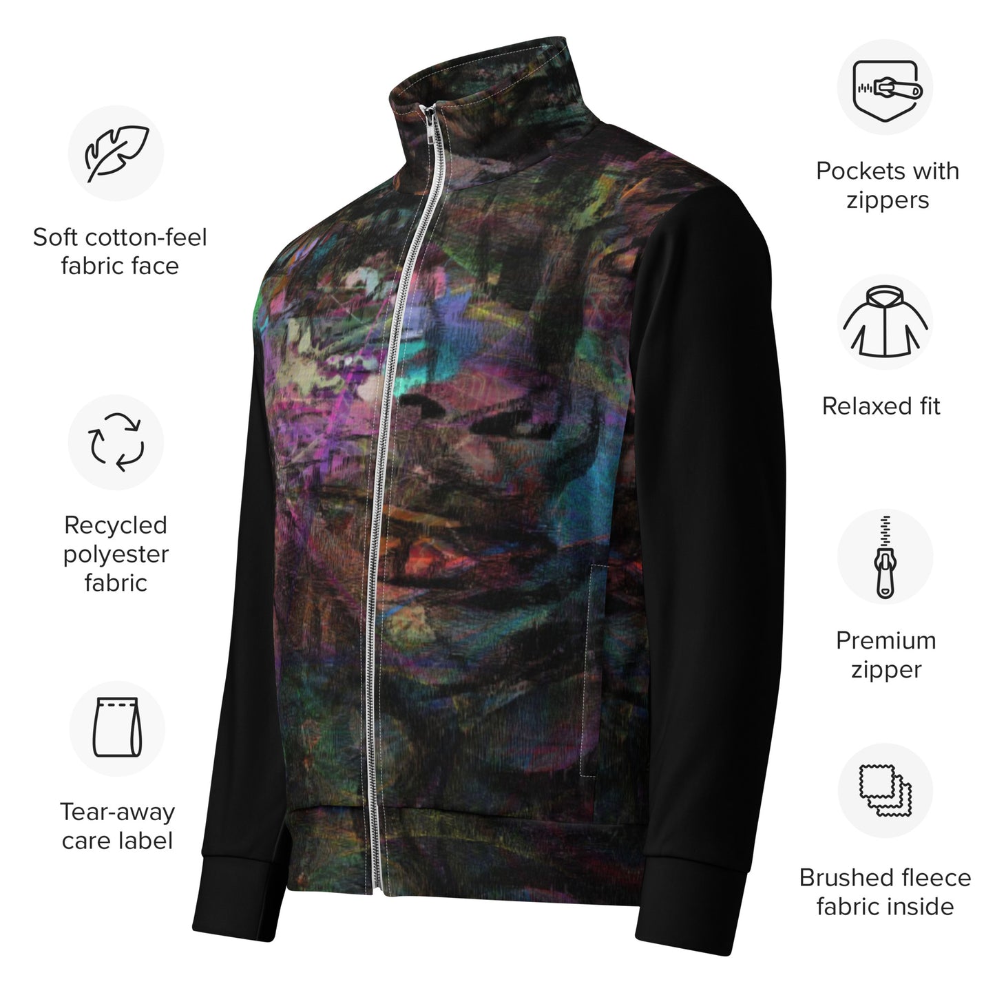 Hipyfi Chromatic Dreams Recycled Unisex Track Jacket with vibrant abstract art print, eco-friendly brushed fleece interior, and premium-quality zippers. Prodct-info