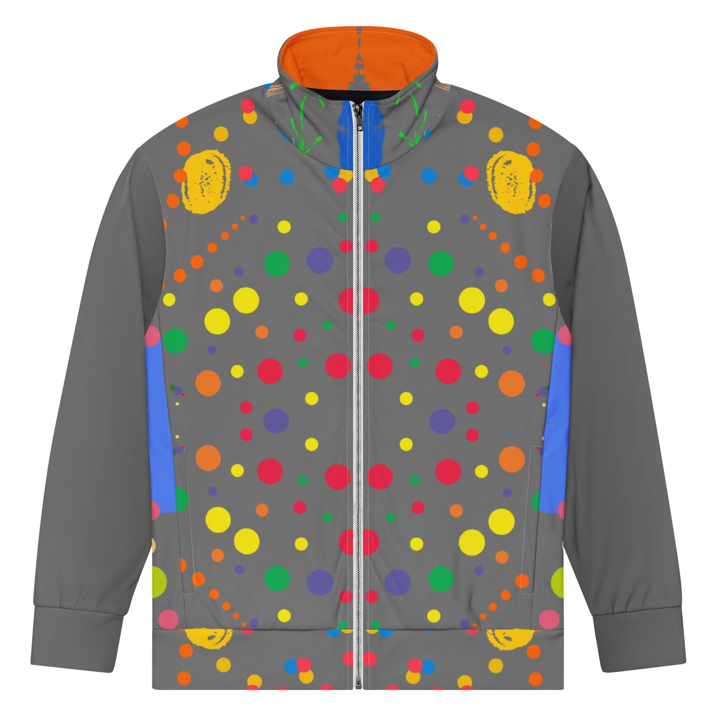 Hipyfi Recycled Unisex Track Jacket with vibrant artistic design, eco-friendly streetwear made from recycled polyester. front-5