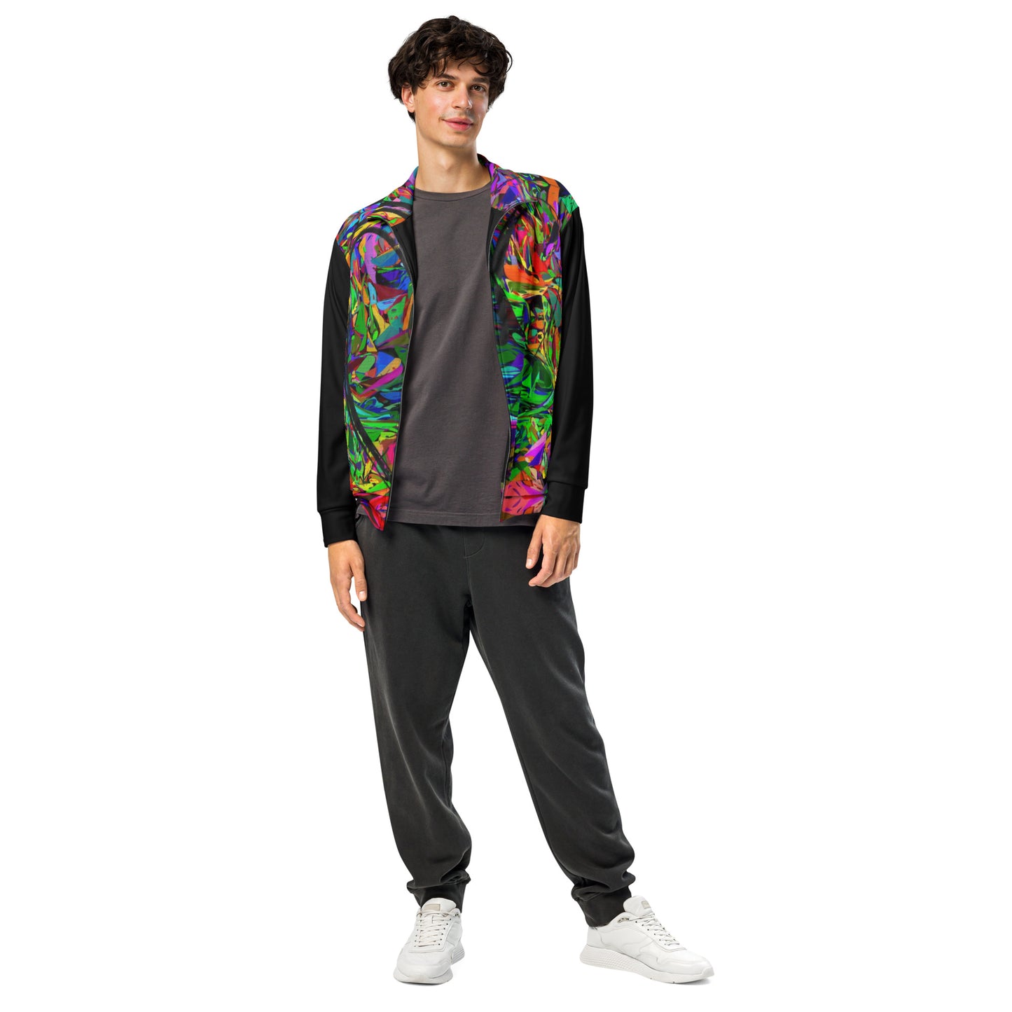 Neon Mythos recycled unisex track jacket with vibrant abstract art print by Hipyfi – colorful eco-friendly streetwear Front-3