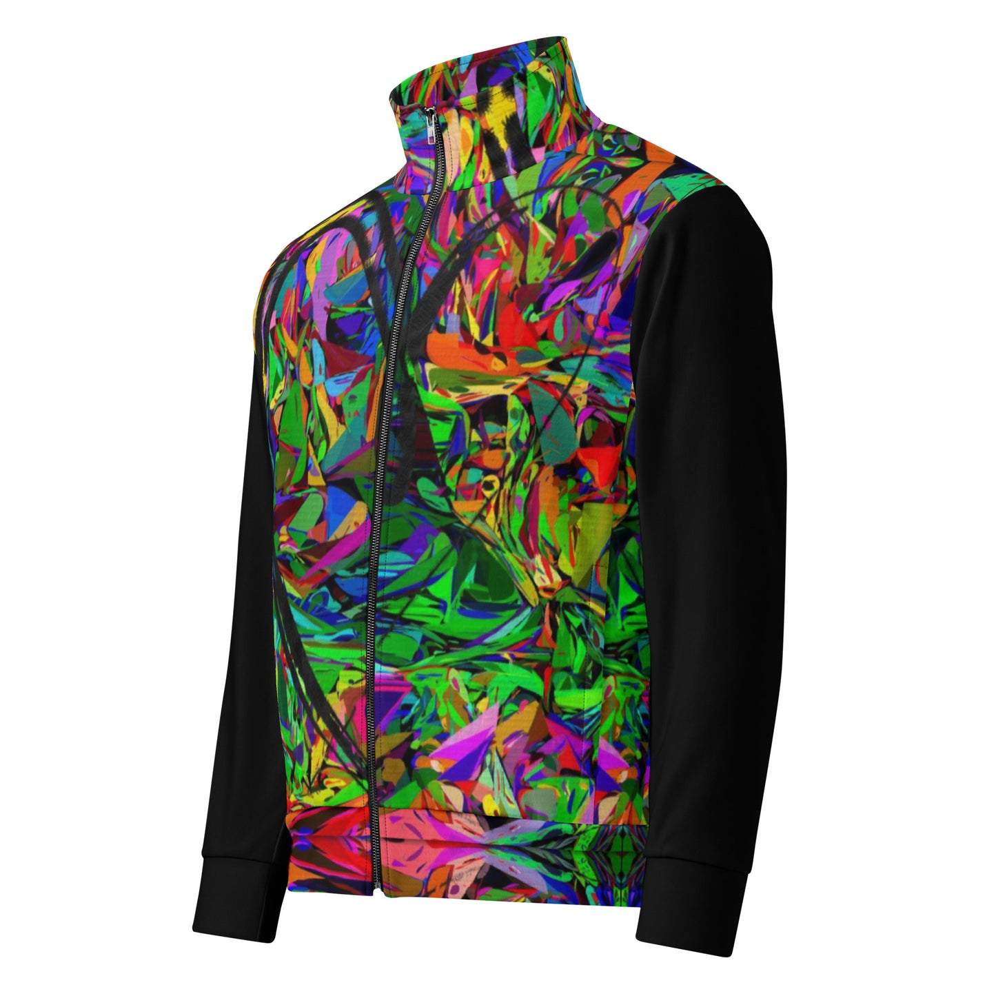 Neon Mythos recycled unisex track jacket with vibrant abstract art print by Hipyfi – colorful eco-friendly streetwear Left-front-4