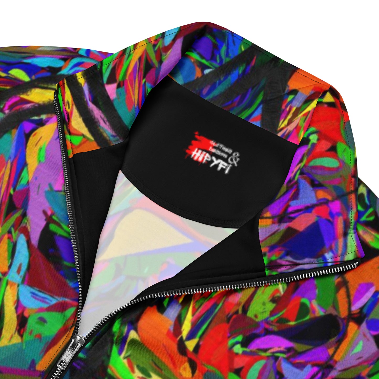 Neon Mythos recycled unisex track jacket with vibrant abstract art print by Hipyfi – colorful eco-friendly streetwear product-details-3