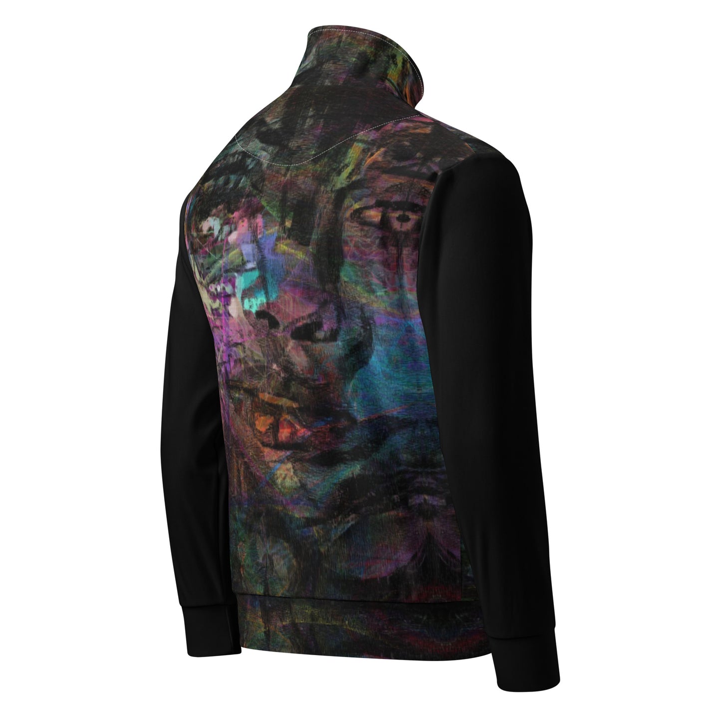 Hipyfi Chromatic Dreams Recycled Unisex Track Jacket with vibrant abstract art print, eco-friendly brushed fleece interior, and premium-quality zippers. right-back