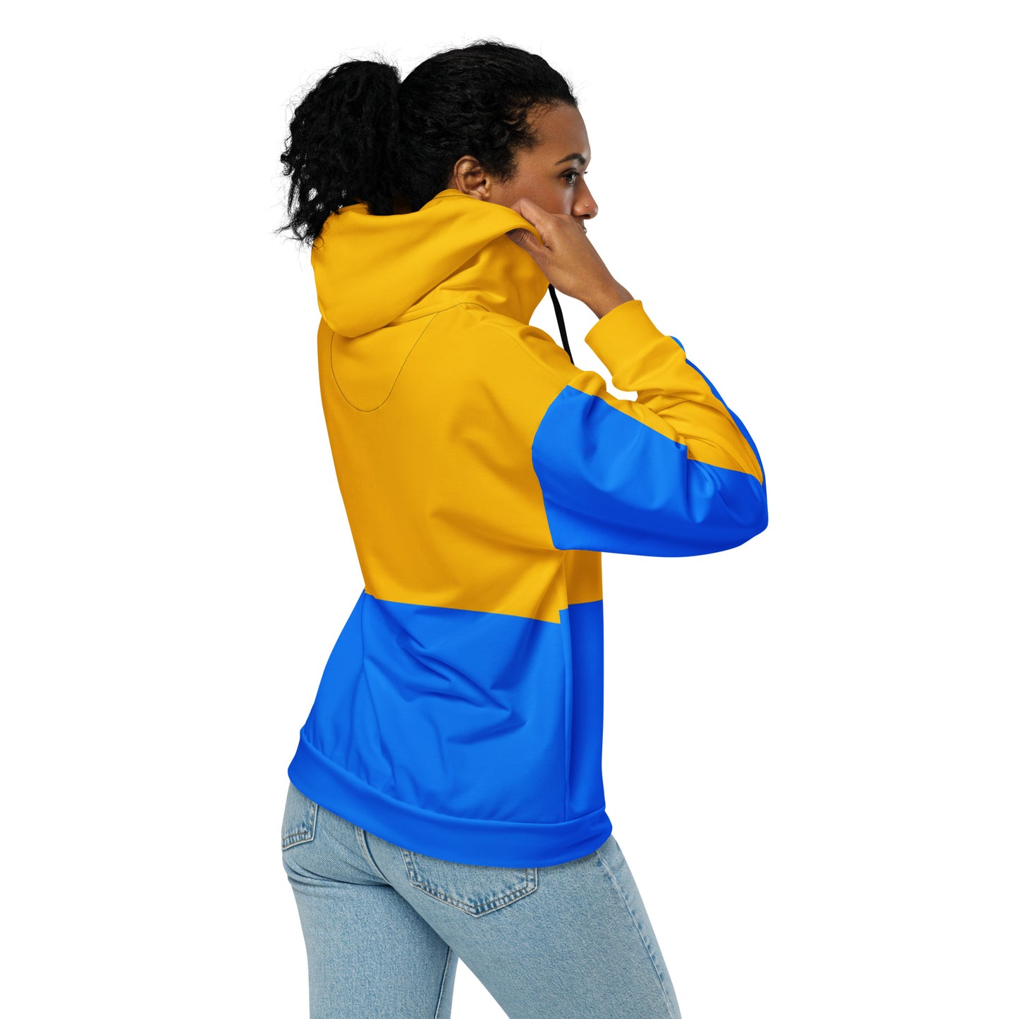 Hipyfi recycled unisex zip hoodie in golden blue color-block design – eco-friendly streetwear. back