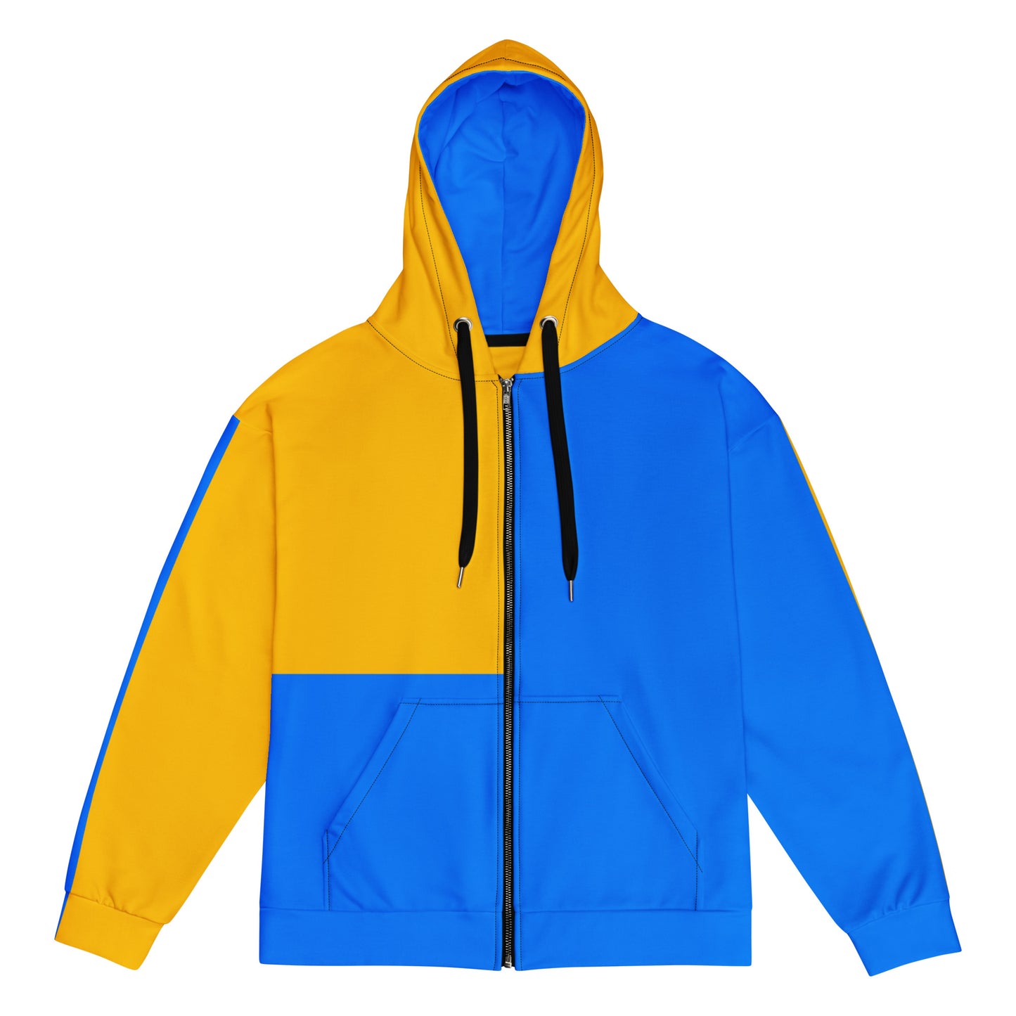 Hipyfi recycled unisex zip hoodie in golden blue color-block design – eco-friendly streetwear. front-6