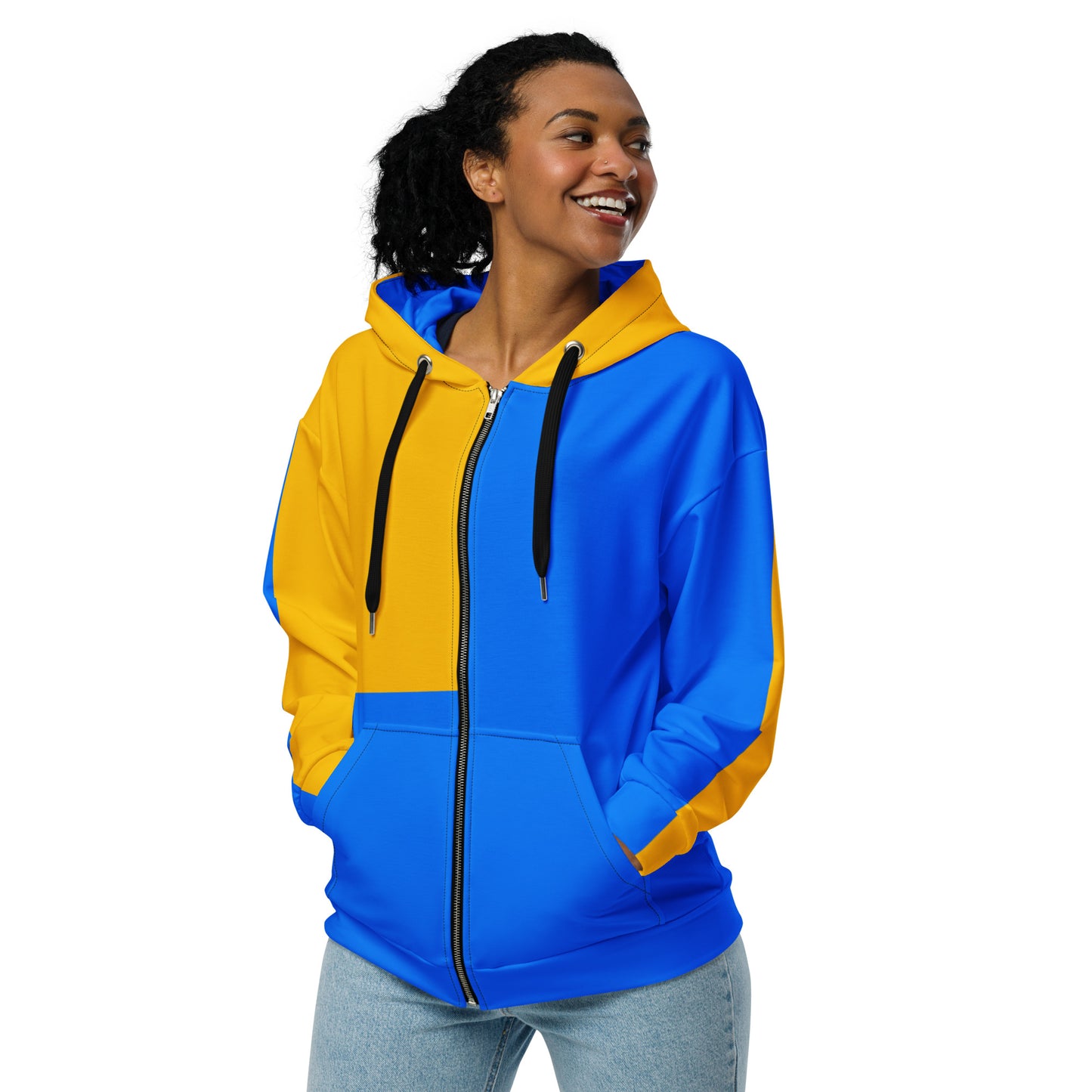 Hipyfi recycled unisex zip hoodie in golden blue color-block design – eco-friendly streetwear. front-4