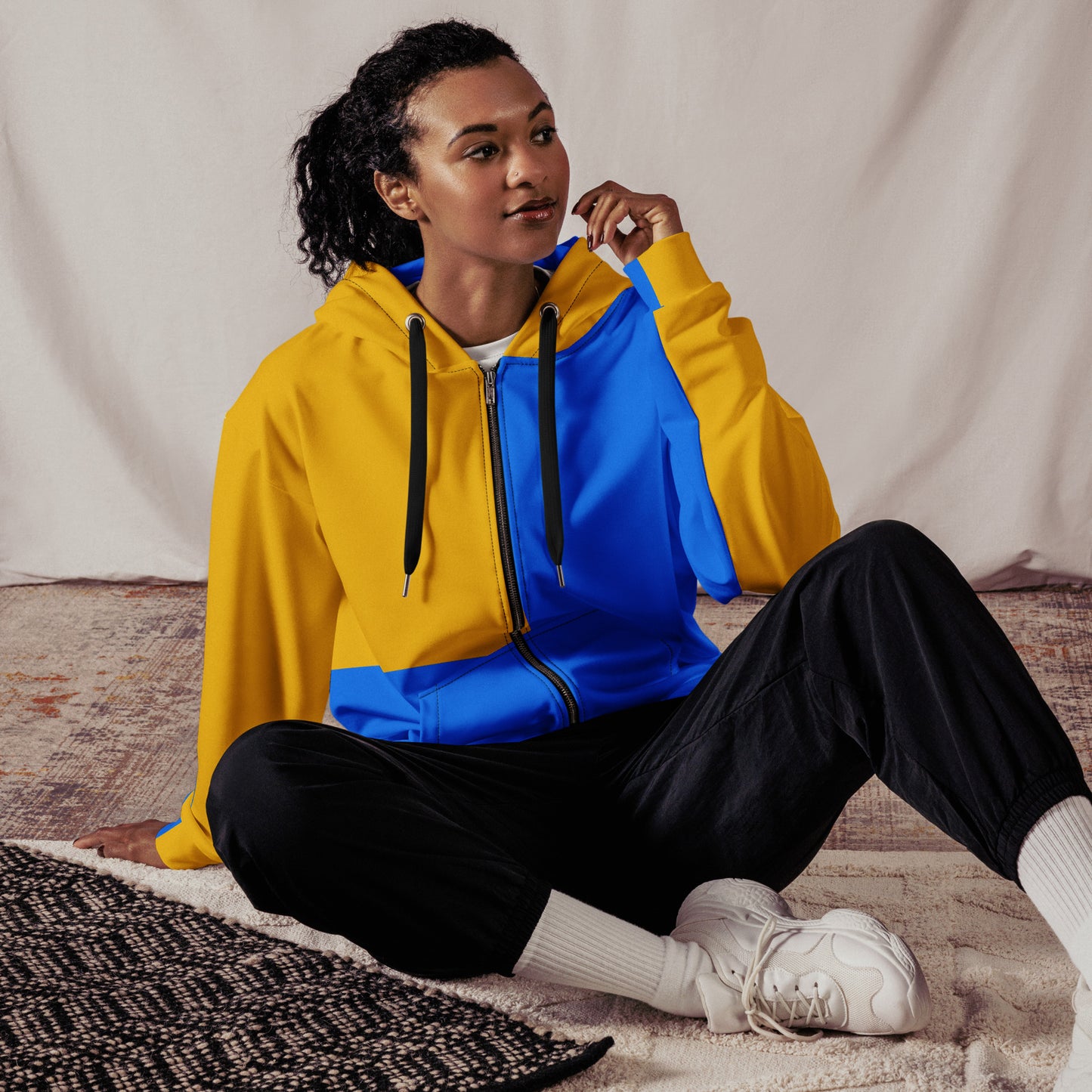 Hipyfi recycled unisex zip hoodie in golden blue color-block design – eco-friendly streetwear. front-3