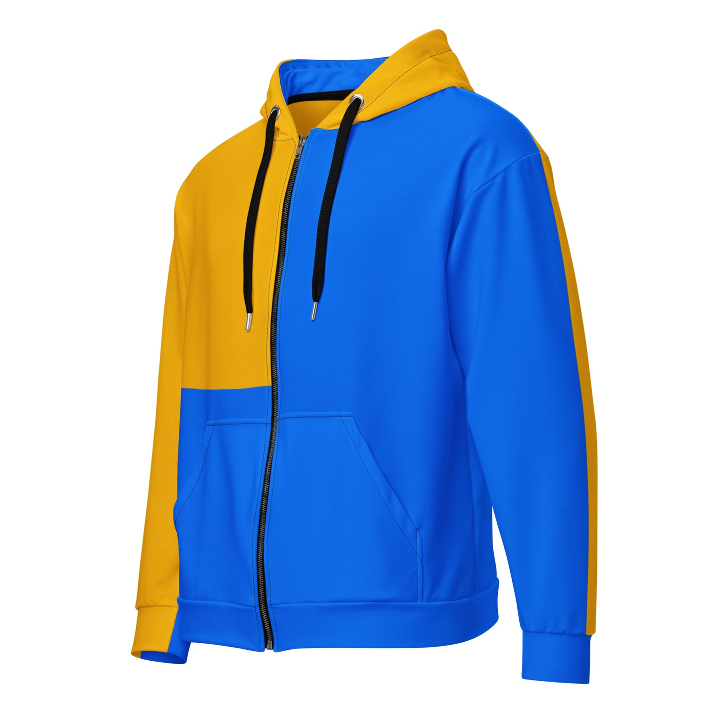 Hipyfi recycled unisex zip hoodie in golden blue color-block design – eco-friendly streetwear. left-front