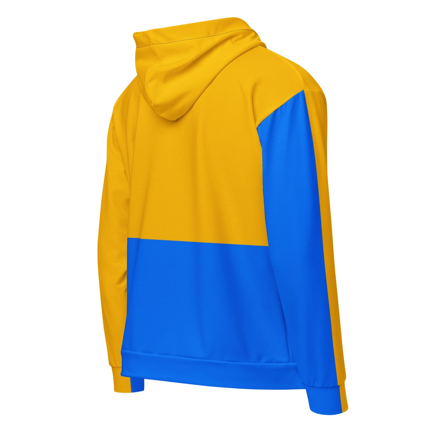 Hipyfi recycled unisex zip hoodie in golden blue color-block design – eco-friendly streetwear. right-back